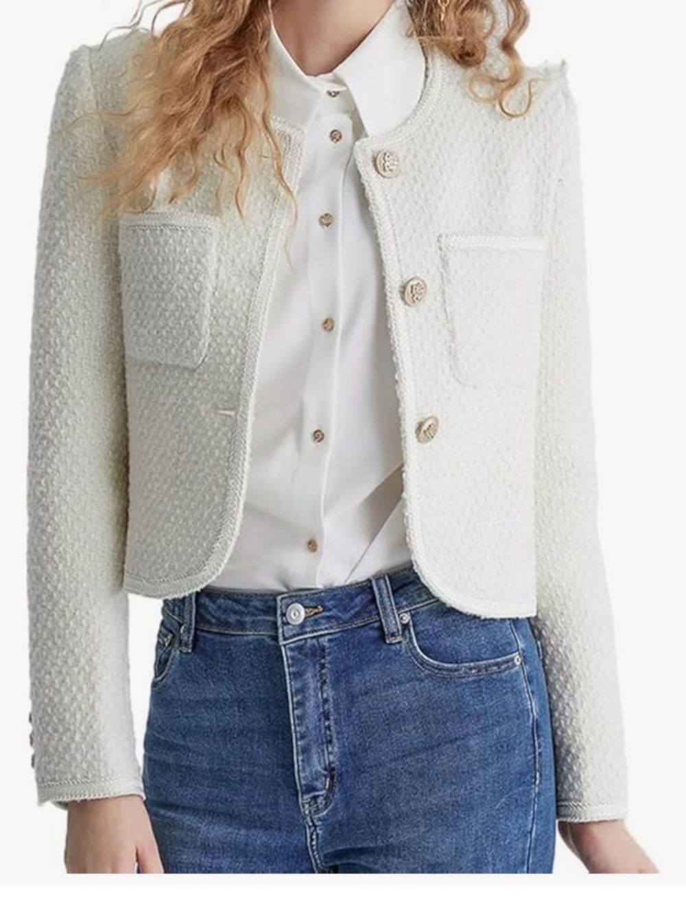 Women's Cream Urban Revivo M Crop Jacket - Classic Collarless Bouclé